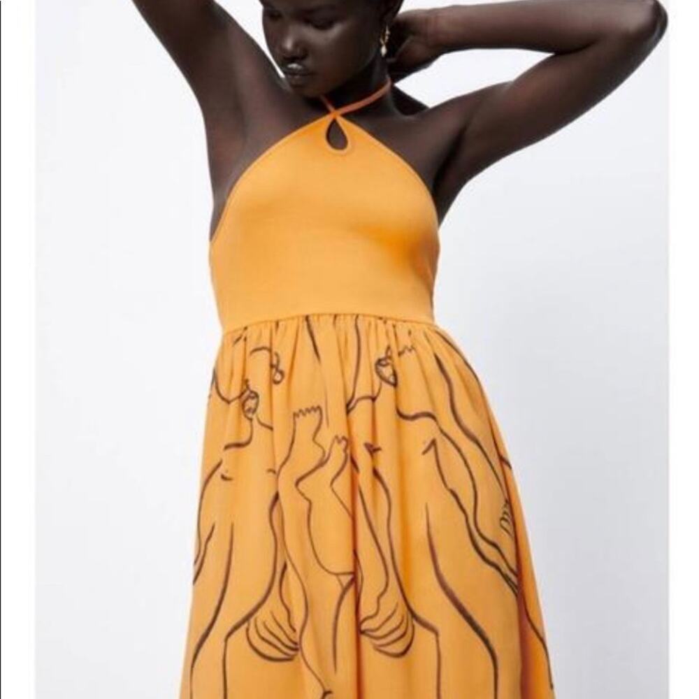 NWT Zara Orange Ribbed Halter Abstract Print Mini Dress Size Small